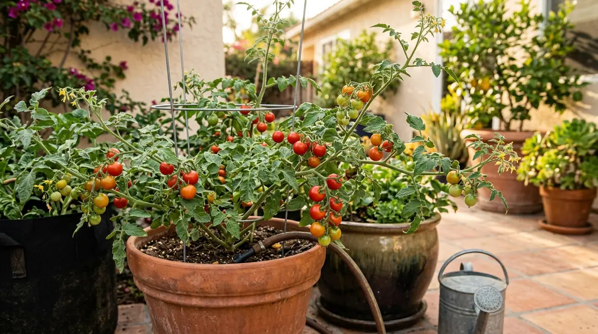 Potted tomato plant with ripening red and green fruit in a sunny backyard patio