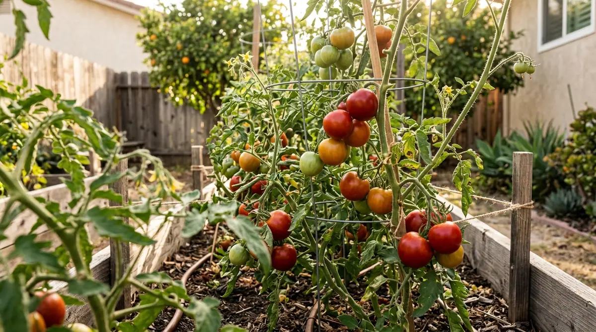 Tomato plants with ripening red and green fruit in a wooden garden bed