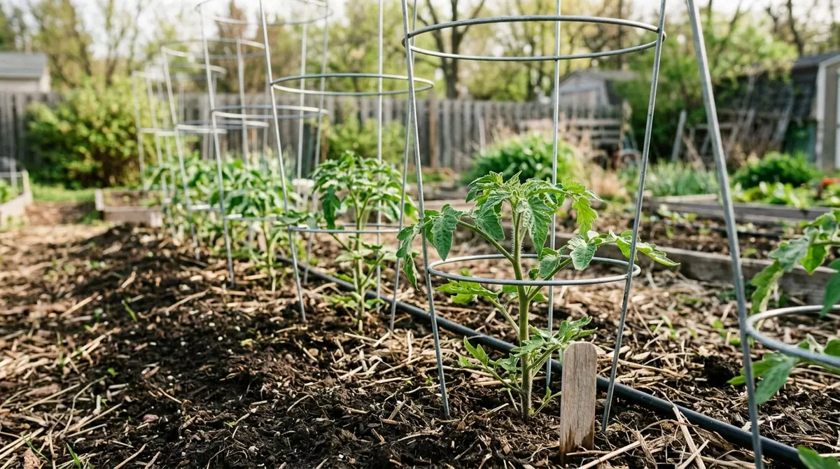 Young tomato plants growing in metal cages in a backyard garden bed