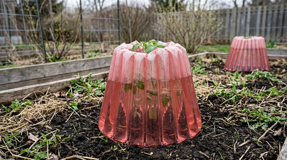 A tomato plant protected in a red water-filled teepee in a garden bed