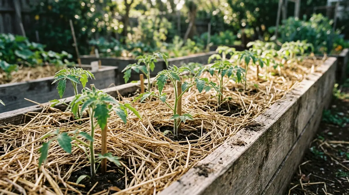 Young tomato plants growing in a straw-mulched raised garden bed