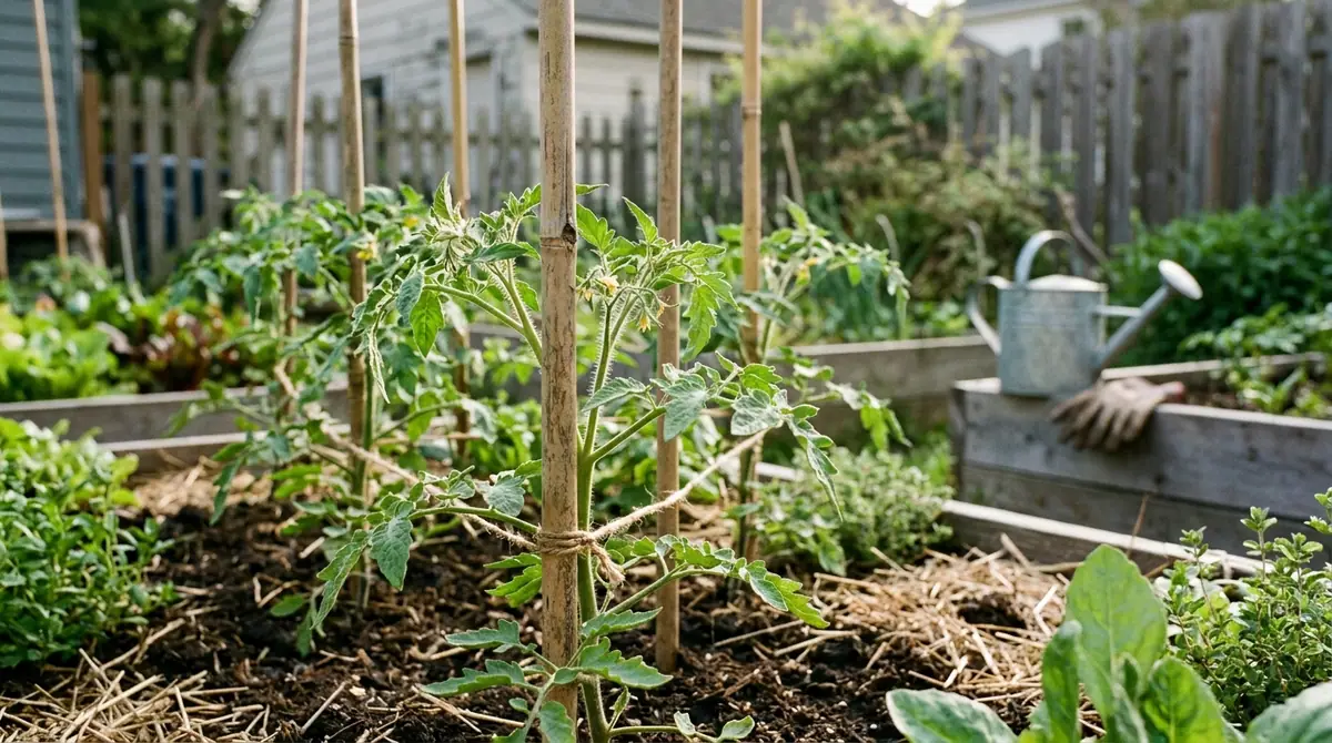 Tomato plants supported by bamboo stakes in a raised garden bed