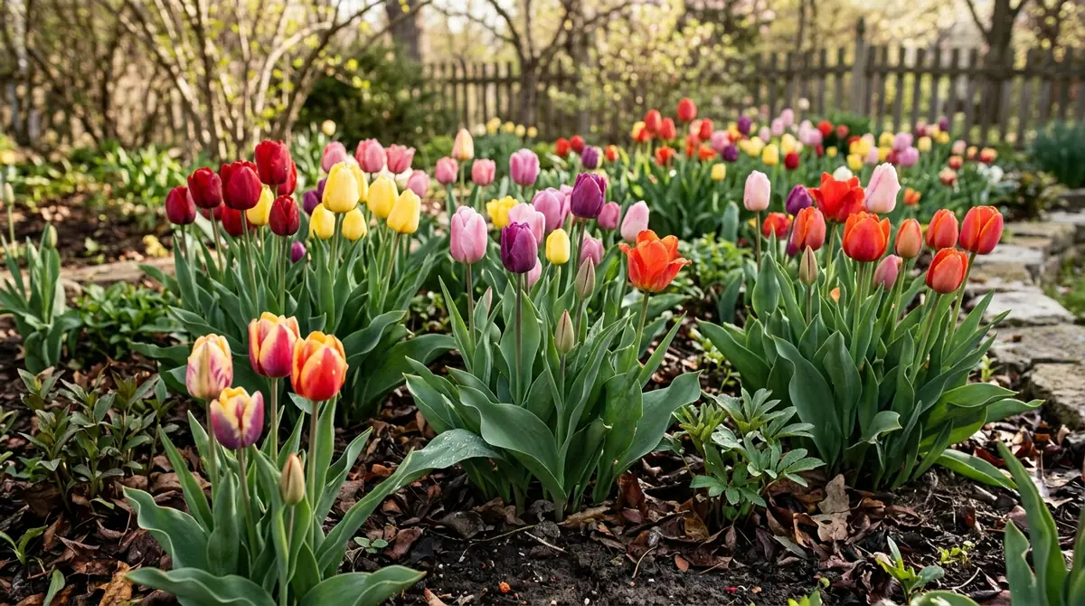 Colorful tulips blooming in a sunny backyard garden bed