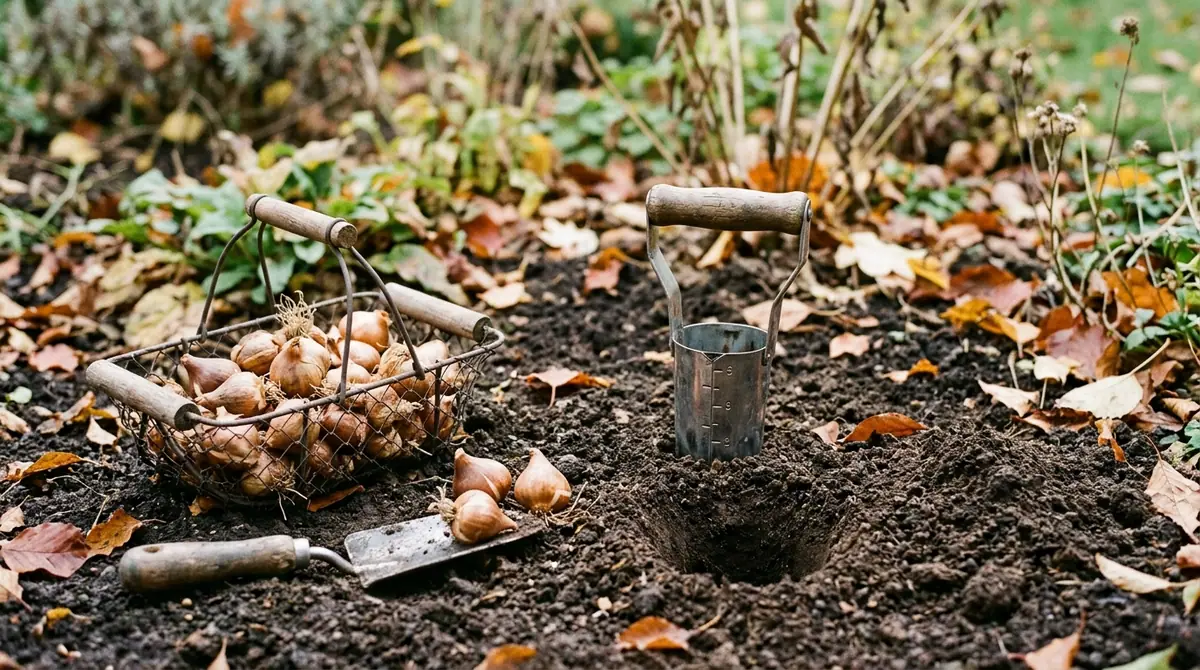 Tulip and daffodil bulbs in a wire basket next to a trowel and bulb planter on garden soil