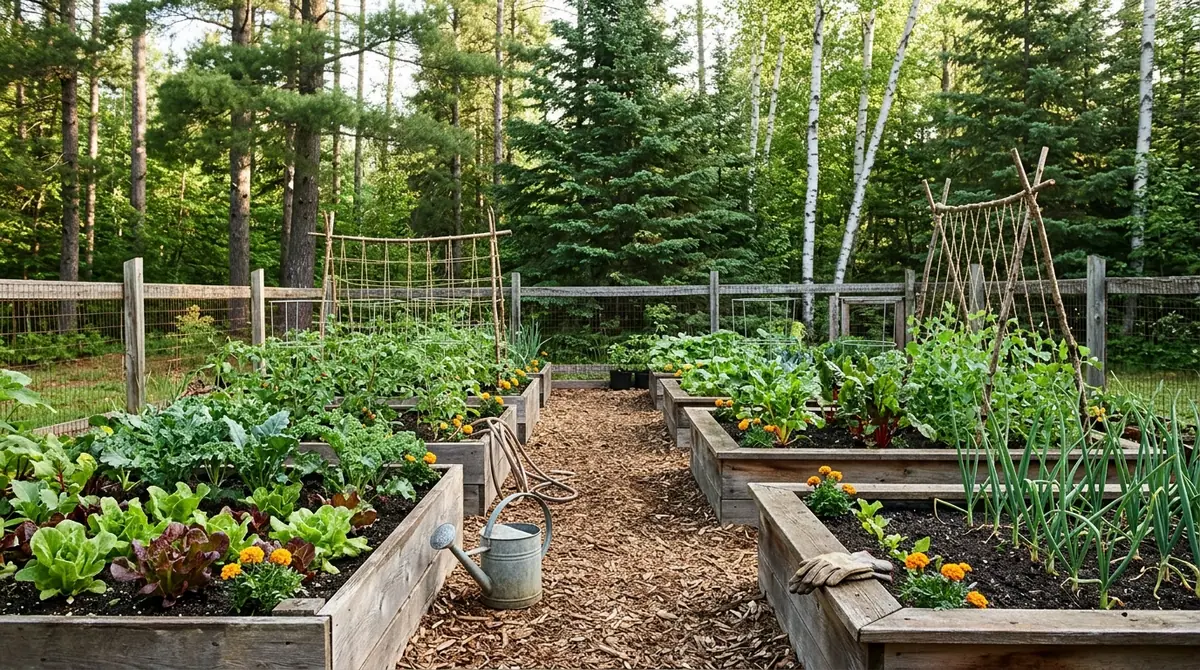 Raised garden beds filled with leafy greens and vegetables surrounded by trees