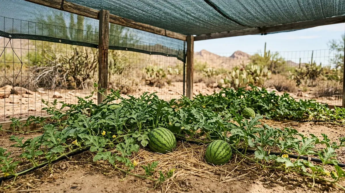 Watermelon vines with growing fruit under a protective shade cloth in a desert garden