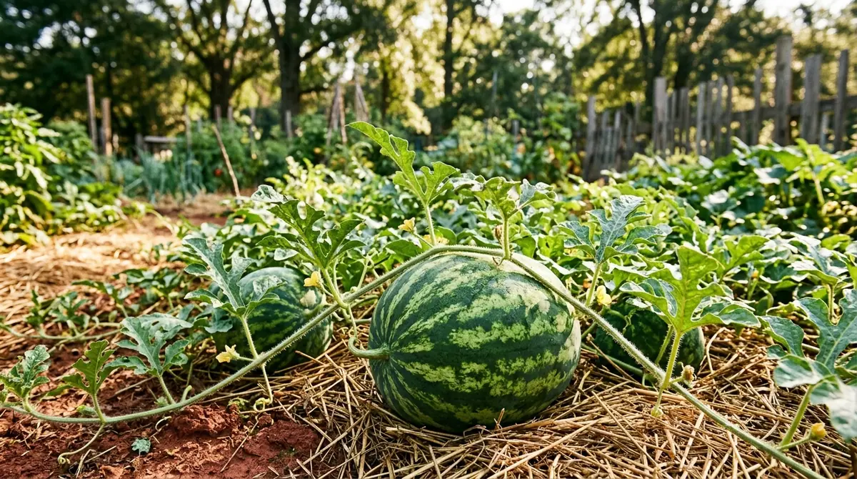Striped watermelons growing on vines in a sunny garden bed covered with straw mulch