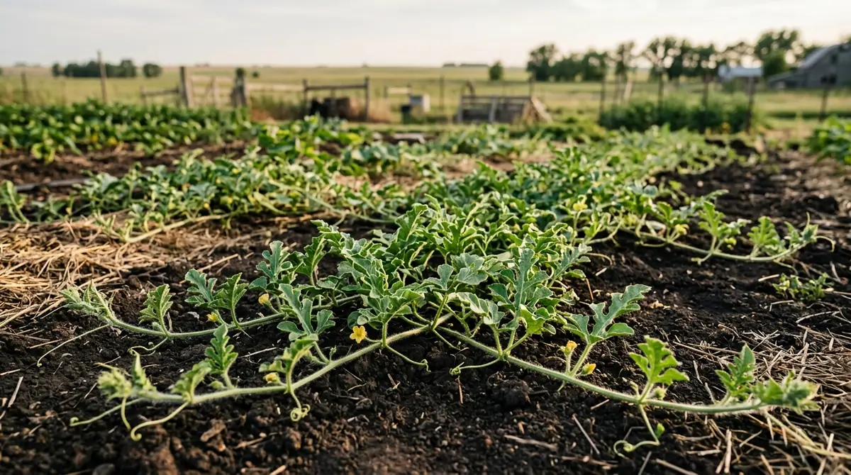 Young watermelon plants growing in rows in a rural garden