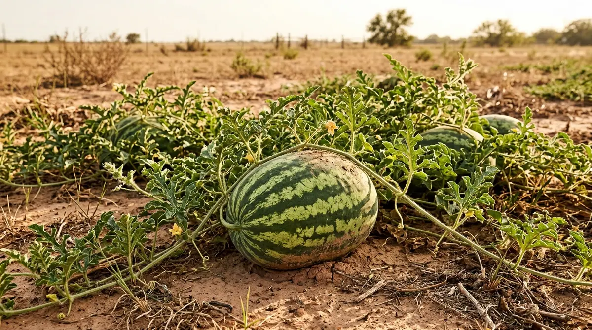 Watermelons growing on vines in dry soil under a bright sky