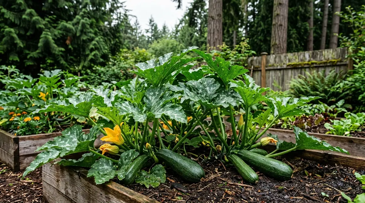 Zucchini plants with green fruit growing in a raised garden bed