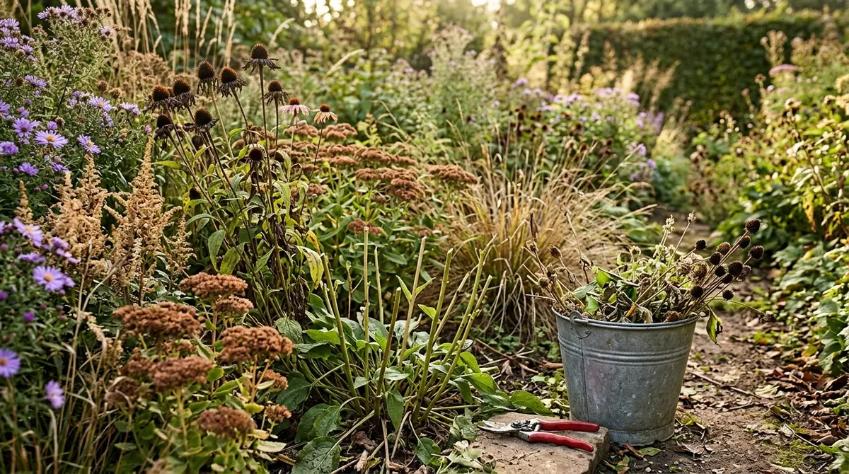 Pruned perennials in a garden with a bucket of cut stems and pruners on a stone pathway