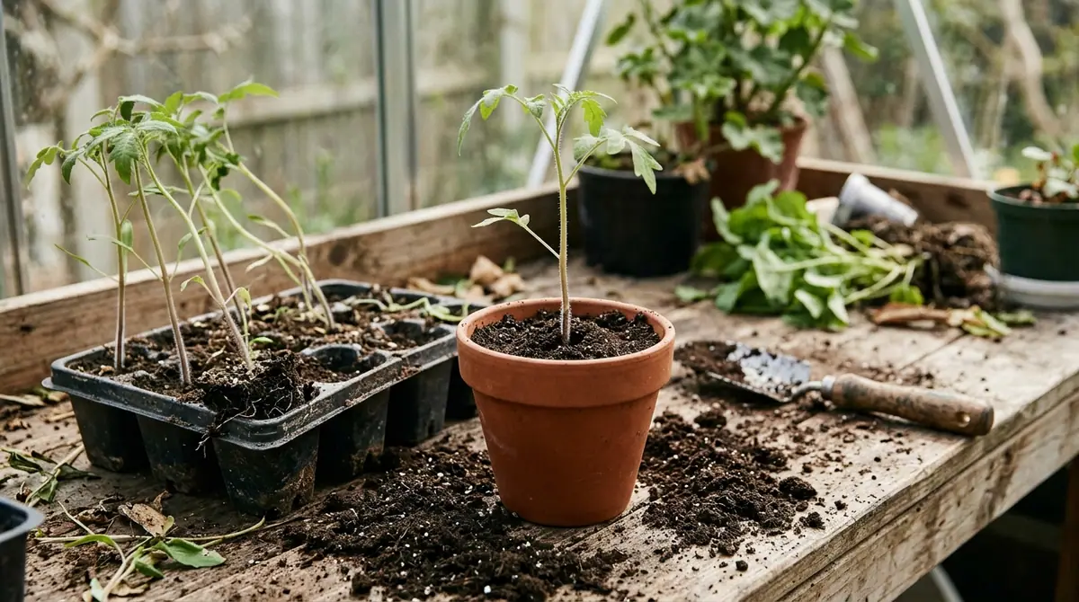 Tomato seedlings on a greenhouse potting bench with a small pot and trowel