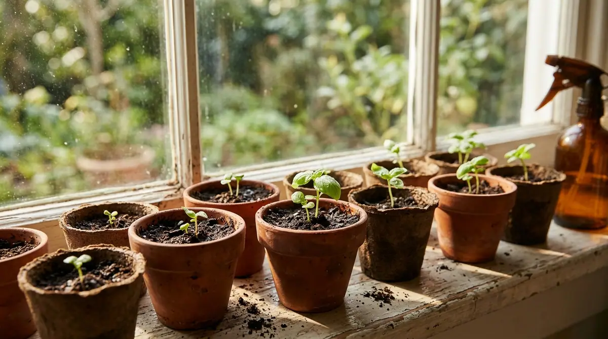 Small basil seedlings growing in small pots lined up on a sunny windowsill