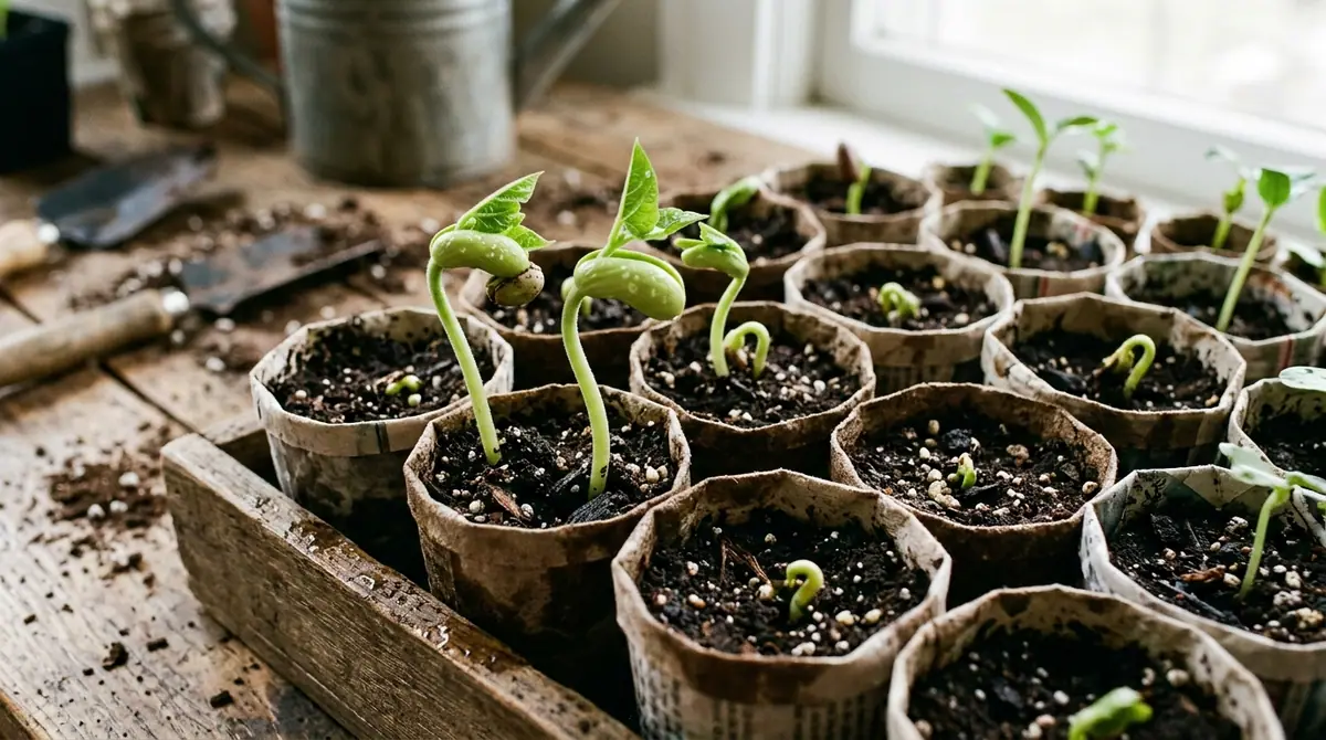 Bean seedlings sprouting in small paper pots on a wooden workbench near a window