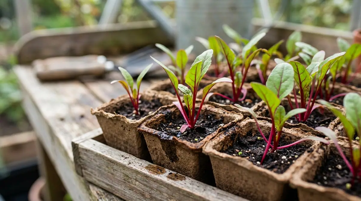 Young beet seedlings growing in peat pots on a wooden table