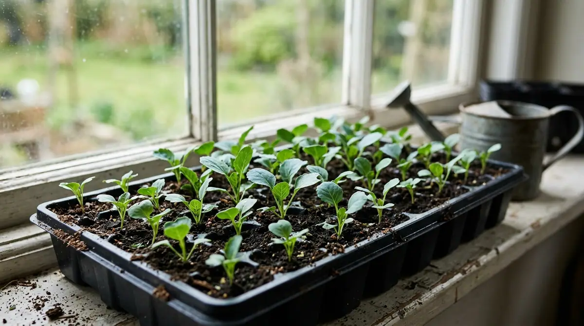 Tiny green cabbage seedlings growing in a seed tray on a sunny windowsill