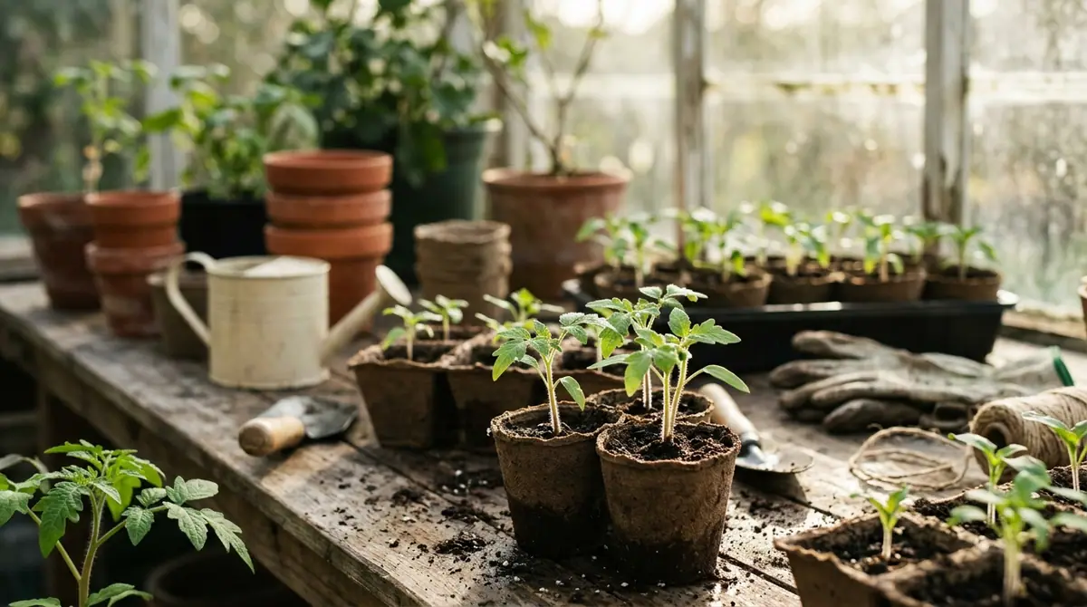 Tomato seedlings growing in peat pots on a rustic greenhouse workbench