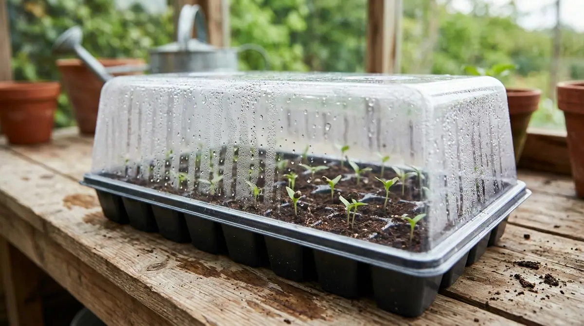 Pepper seedlings growing in a greenhouse tray under a condensation cover