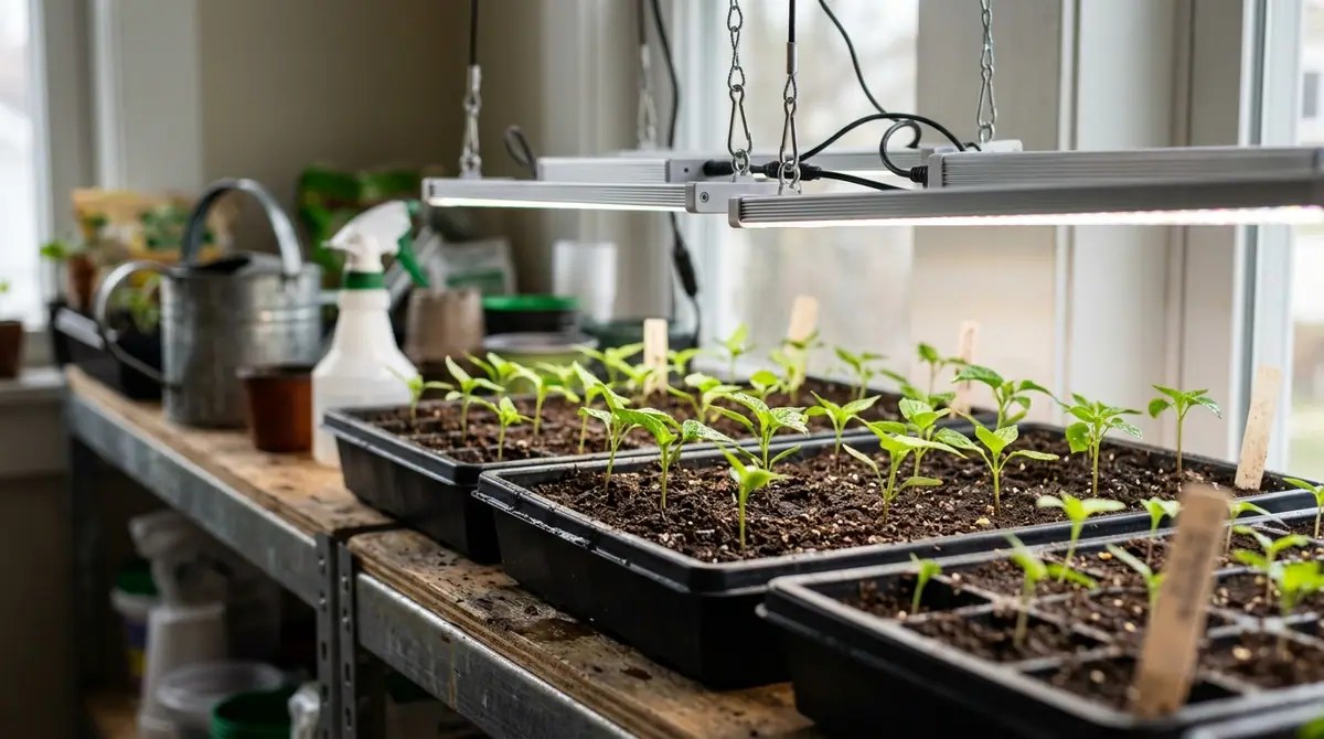 Pepper seedlings growing in trays under hanging grow lights indoors