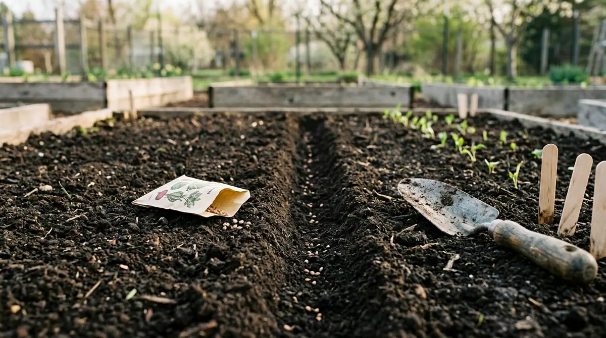 Seeds in a furrow with a packet and trowel in an outdoor garden bed
