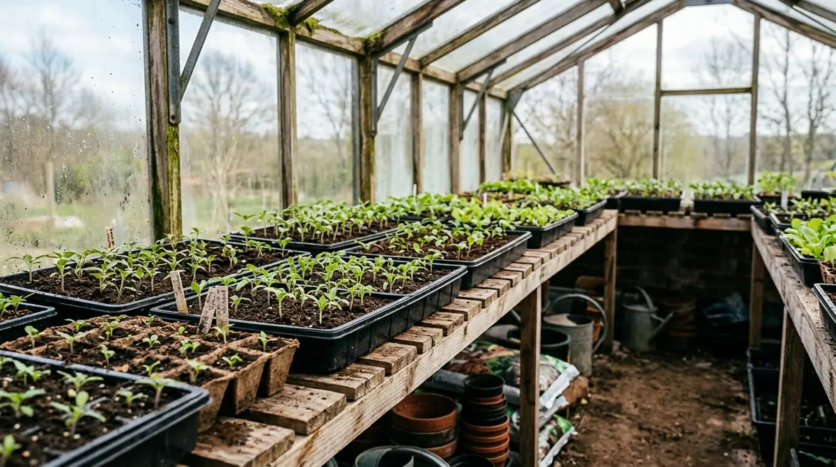 Greenhouse wooden tables holding trays of young seed sprouts