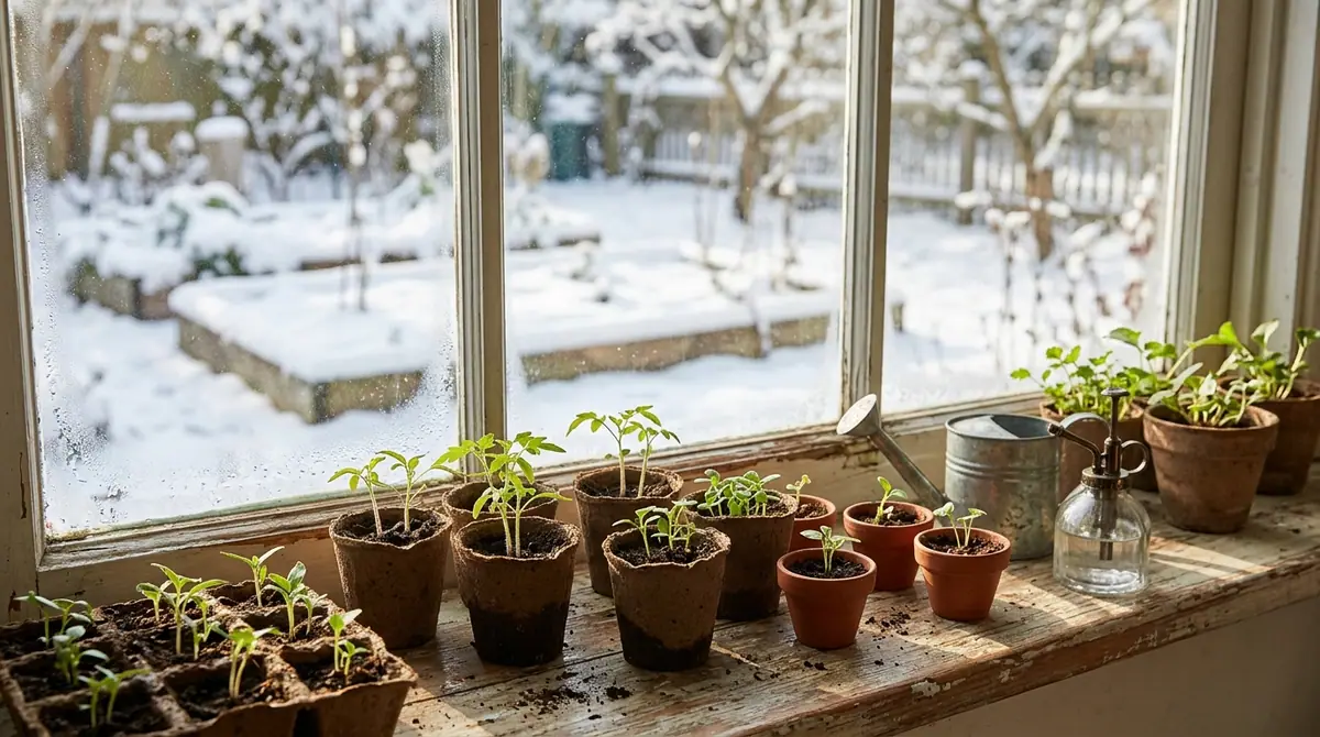 Seedlings growing in small pots on a windowsill with a snowy garden outside