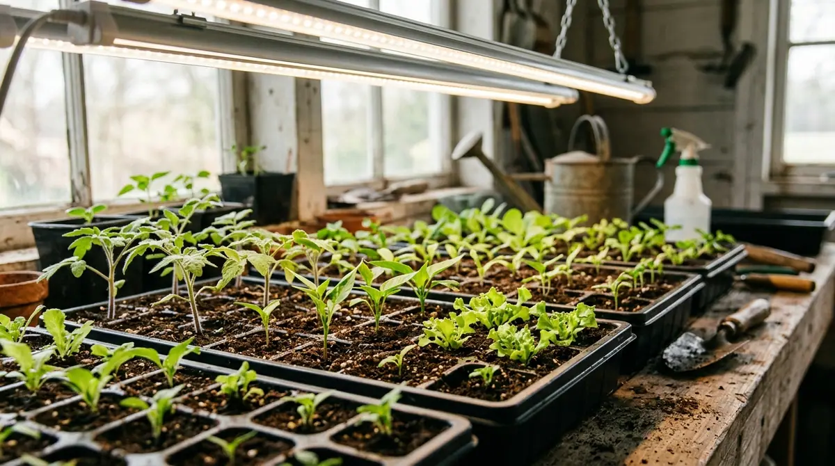 Green seedlings growing in trays on a wooden workbench under grow lights indoors