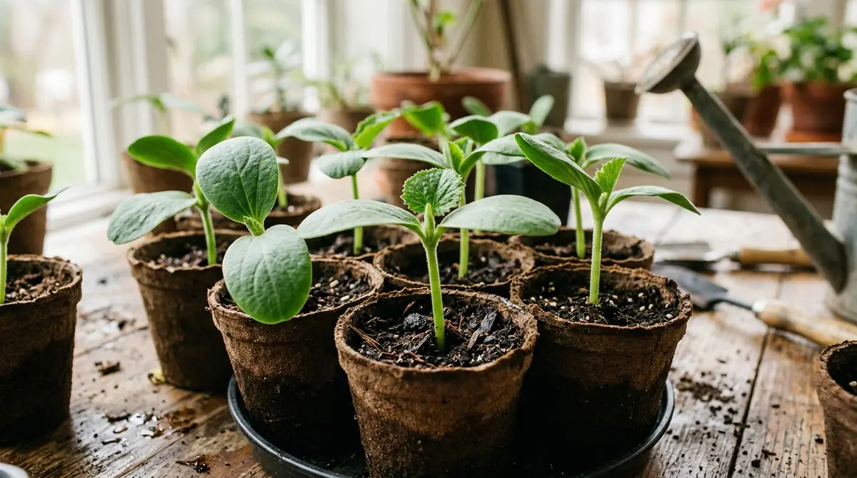 Small squash seedlings growing in peat pots on a wooden table