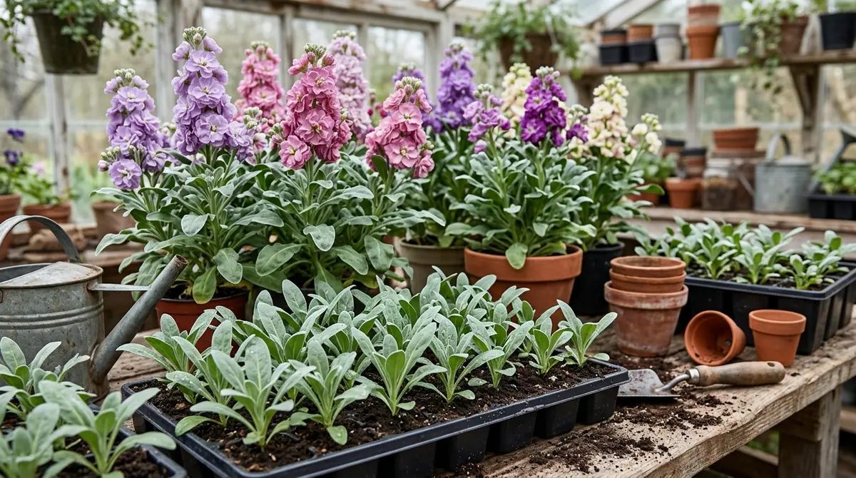 Trays of young stock seedlings and potted blooming plants on a greenhouse bench