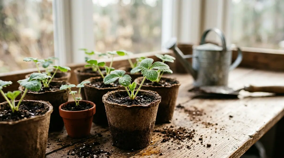 Strawberry seedlings in small peat pots on a wooden table near a window