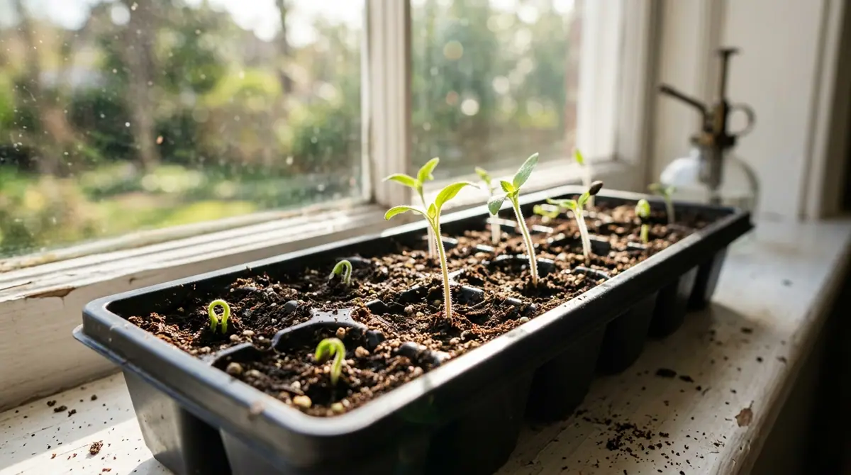 Tomato seedlings growing in a seed tray on a sunny windowsill