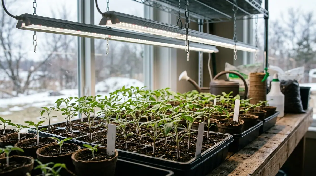 Tomato seedlings growing in trays under indoor grow lights by a snowy window
