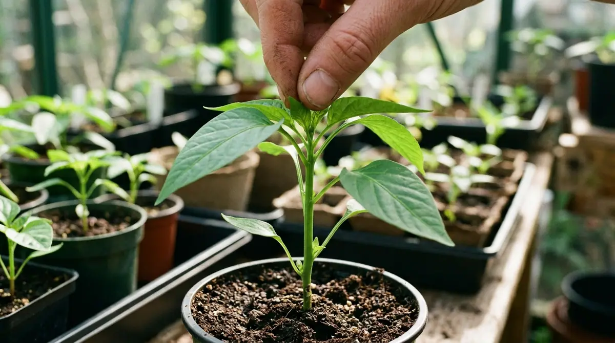 Fingers pinching the growing tip of a young pepper plant in a greenhouse