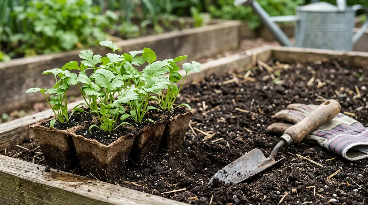 Cilantro seedlings in biodegradable pots sitting in a garden bed next to a trowel and gardening gloves