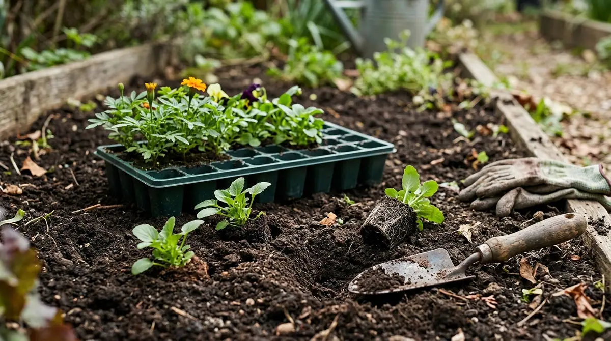 Green seedling tray and potted flower plants ready for transplanting in garden soil