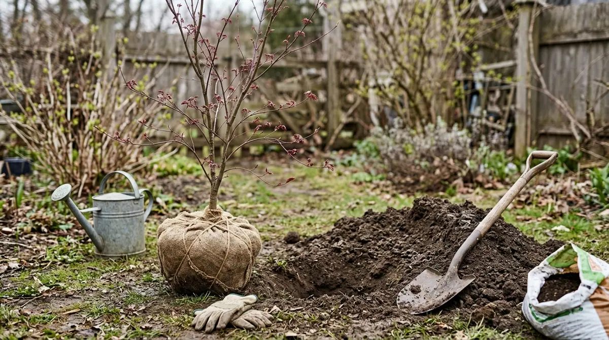 Burlap-wrapped Japanese maple ready for planting near a dug hole and shovel