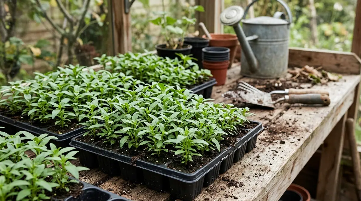 Green snapdragon seedlings growing in black plastic trays on a potting bench