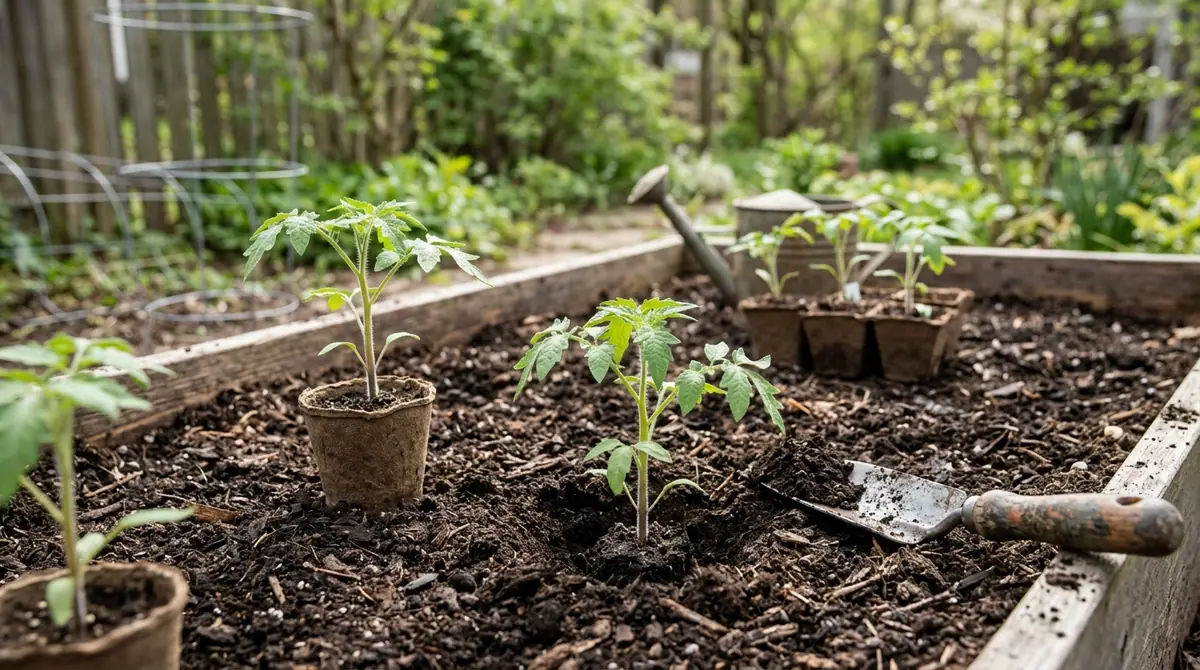 Small tomato seedlings in peat pots and a garden trowel sitting in soil inside a wooden raised bed