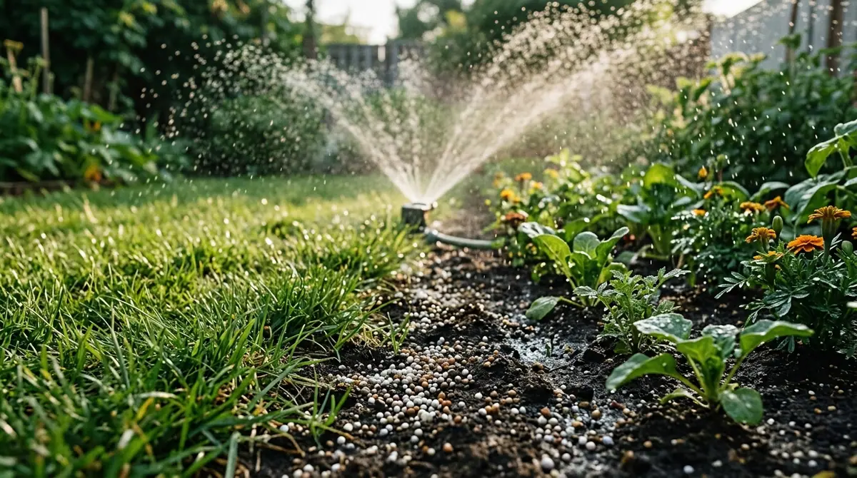 Sprinkler watering a garden bed strewn with granular fertilizer pellets