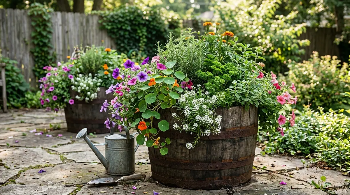Whiskey barrel planters overflowing with colorful flowers and herbs on a stone patio