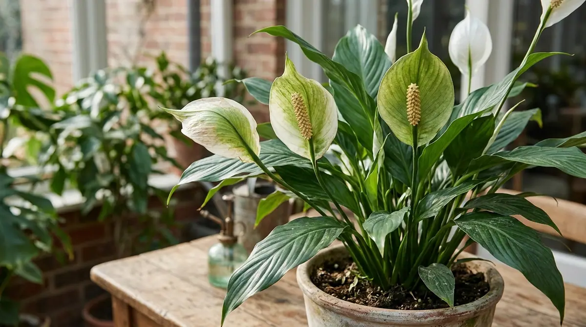 Potted peace lily with green tinged flowers on a wooden table