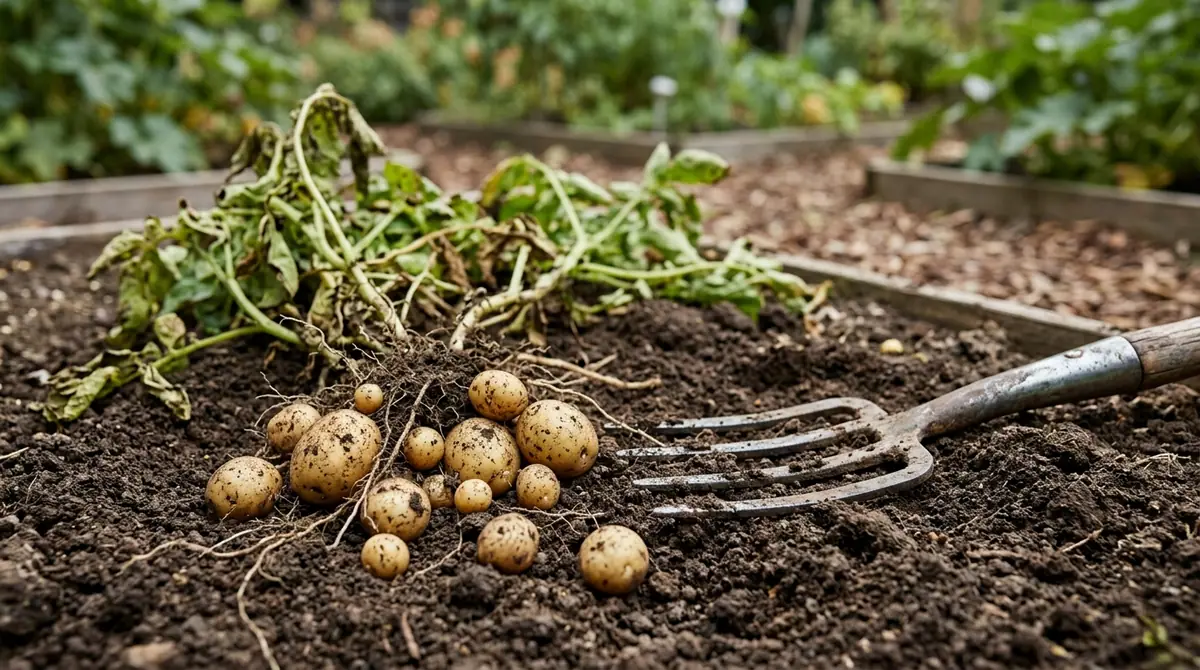 Harvested potato plants and small tubers in garden soil next to a garden fork