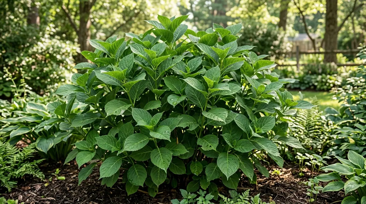 Lush green hydrangea bush with healthy foliage but no blooms in a garden setting