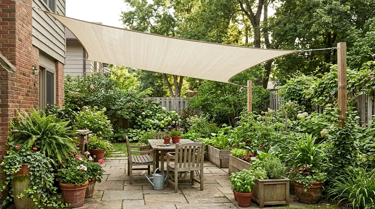 A beige shade sail suspended over a lush backyard patio garden with potted plants and wooden furniture