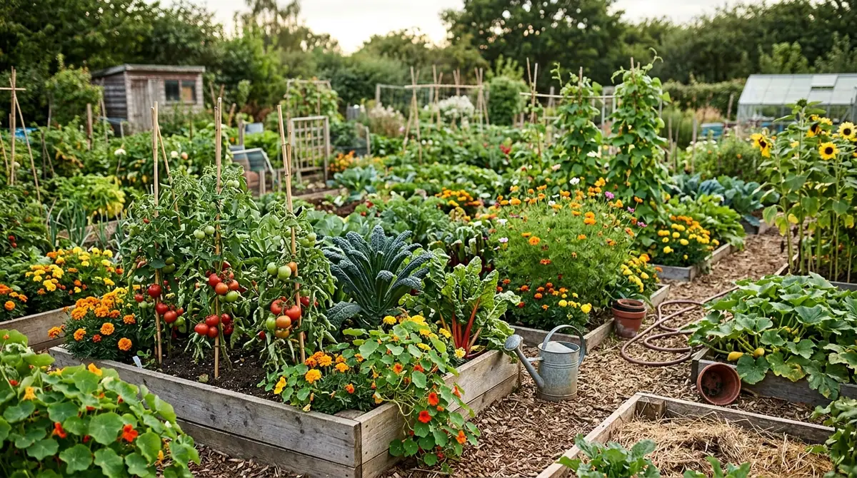 Lush community garden with raised beds of tomatoes and sunflowers