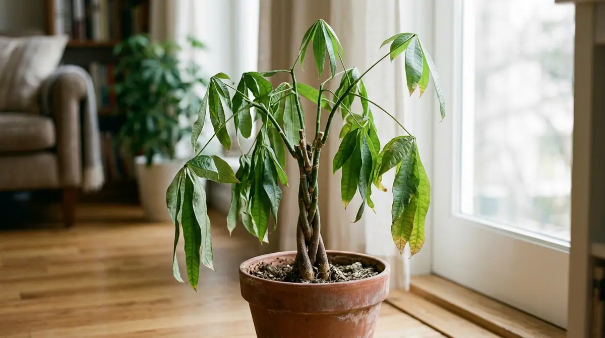 A drooping money tree with wilted green leaves in a terracotta pot on a wooden floor
