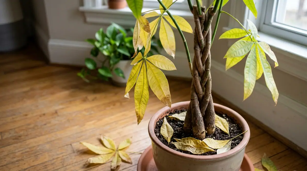 A potted money tree with yellow leaves dropping onto the soil and wooden floor