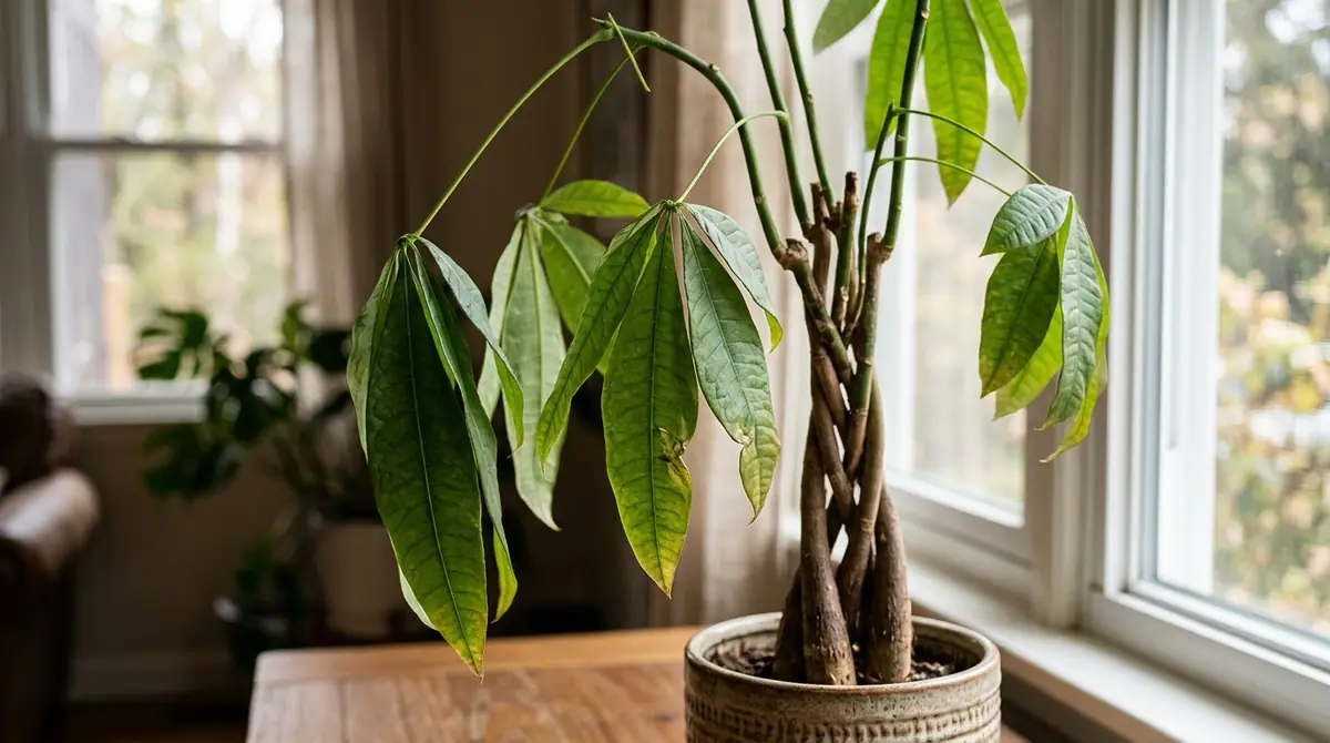 Potted money tree with drooping leaves on a wooden table near a bright window
