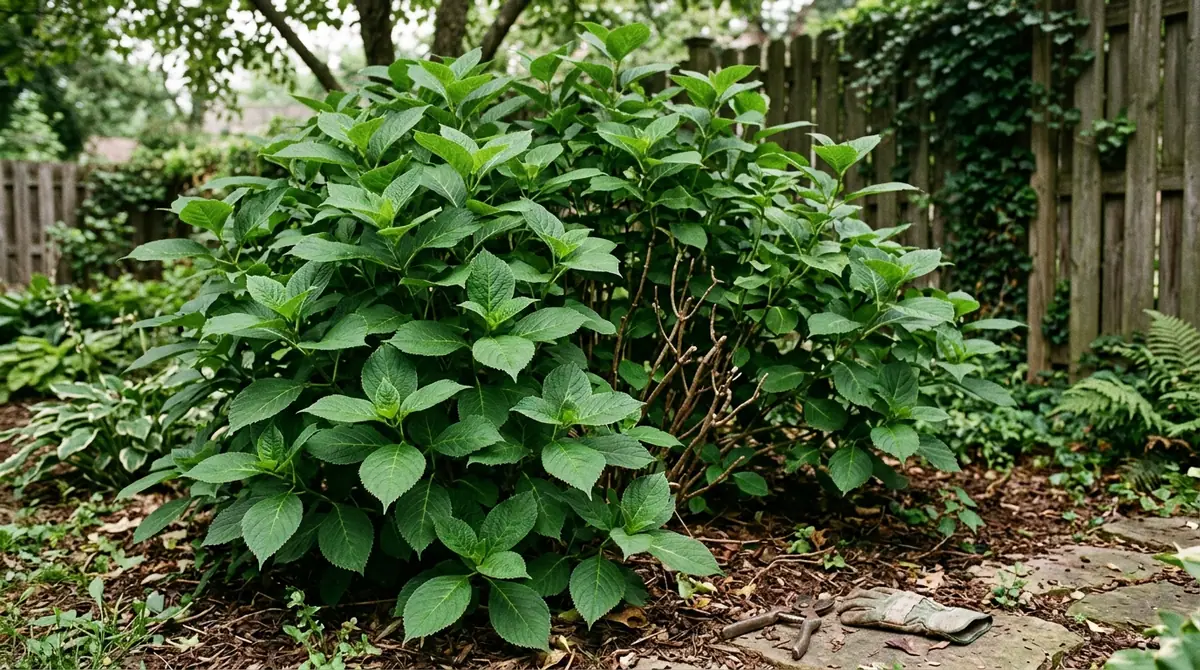 A lush green hydrangea shrub with no flowers growing in a garden bed near a wooden fence