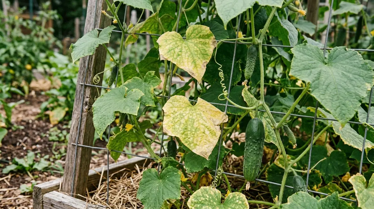 Cucumber plant growing on a metal trellis with some leaves turning yellow